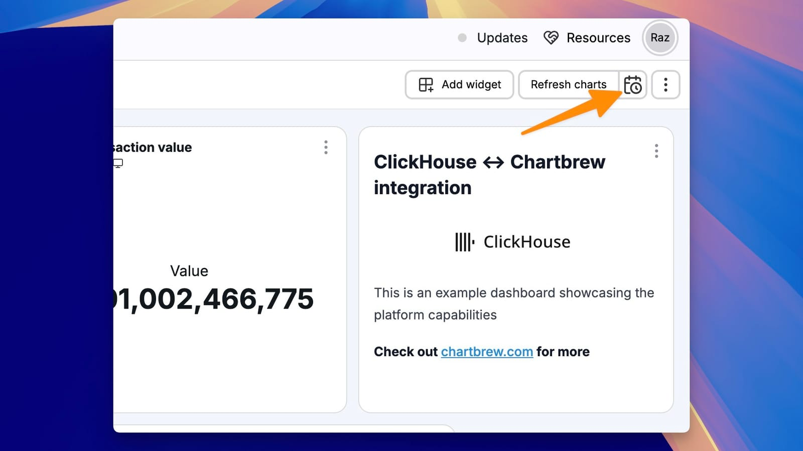 Настройки обновления наб�ора данных Chartbrew