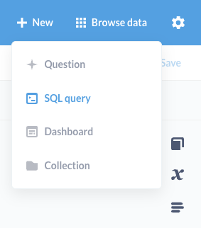Меню New Metabase, показывающее возможности создания вопросов, SQL запросов и па�нелей мониторинга