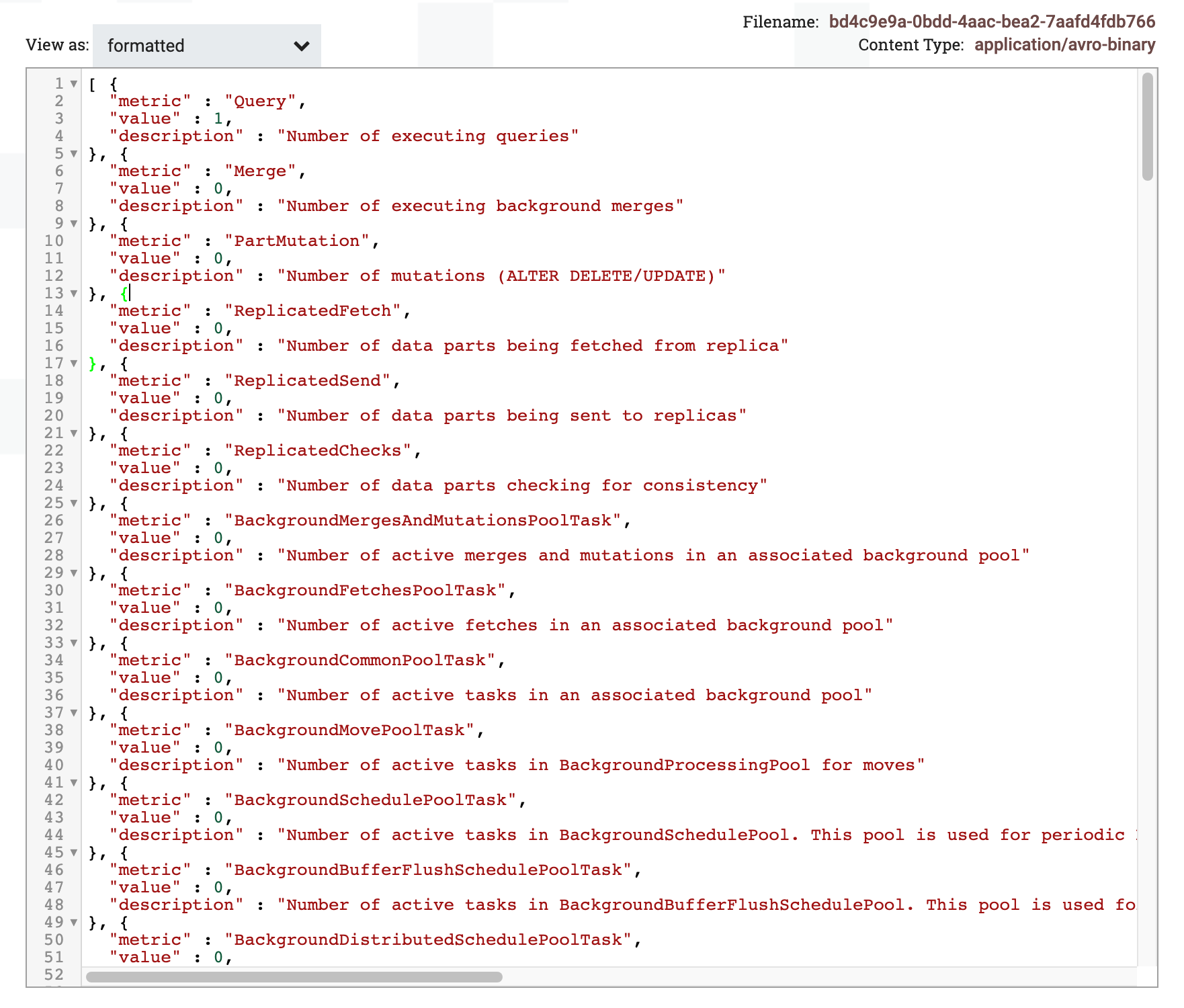 Просмотр содержимого FlowFile, показывающий результаты запроса в отформатированном виде