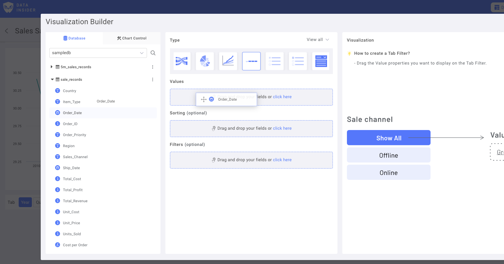 Интерфейс выбора поля даты в Rocket BI, по�казывающий доступные колонки даты